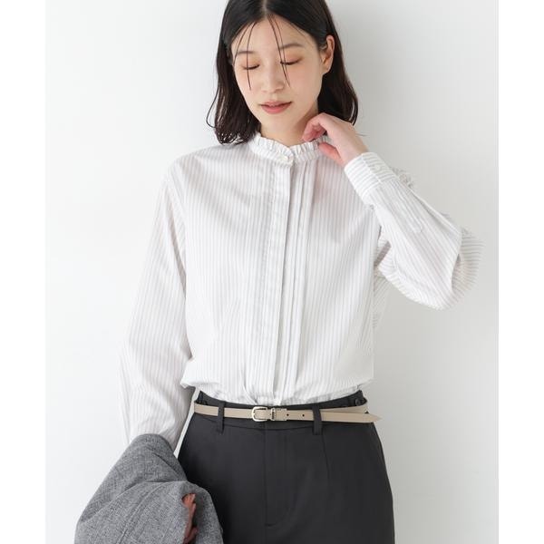 ◆先染めストライプスタンドフリルブラウス
