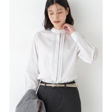 ◆先染めストライプスタンドフリルブラウス