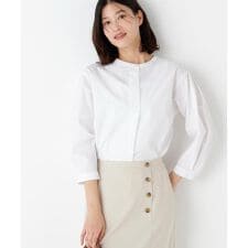 ◆綿ポリエステル先染ノーカラーブラウス