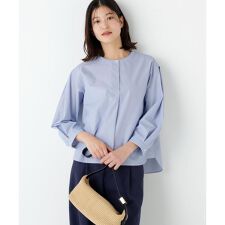 ◆綿ポリエステル先染ノーカラーブラウス