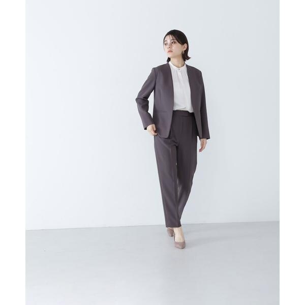 NATURAL BEAUTY BASIC　ストレッチパンツスーツセットアップ　紺 ストレッチツイルセットアップシリーズ ノーカラージャケット