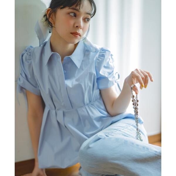 ギャザースリーブペプラムシャツ　Mサイズ NATURAL BEAUTY BASIC｜ギャザースリーブペプラムシャツ