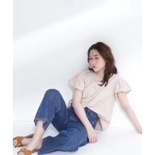 ストライプフリルネックブラウス