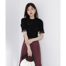 部分シアー半袖リブニット