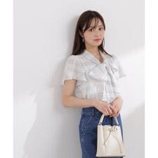 チェックチューリップ袖リボンブラウス