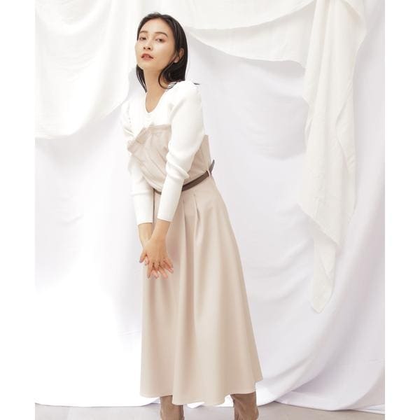 リフレクト　ニット　ドッキングワンピース　ベージュ　13号 袖口パール付きアシメリブニットドッキングワンピース