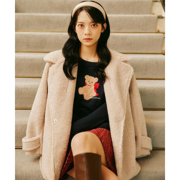 フォックスファーティペット付ノーカラーコート