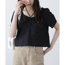 フロントギャザーネックリボン付き半袖ブラウス