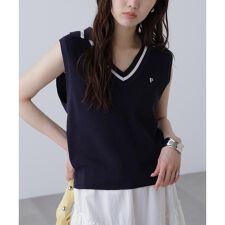 Vネックポロノースリーブニット