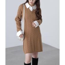 レイヤード風ケーブルニットミニワンピース