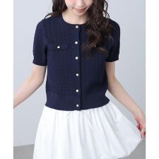 ケーブル金ボタン半袖ニットカーディガン