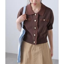 衿付きミニブークレ半袖カーディガン