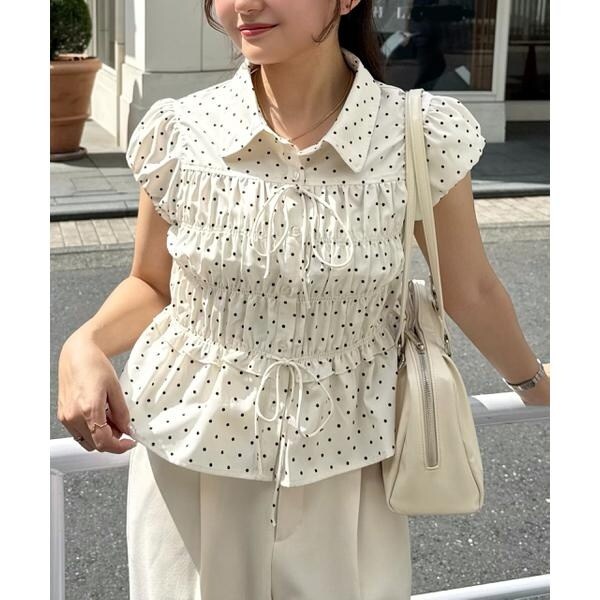 襟付きシャーリングペプラムブラウス | フリーズマート(Free's Mart