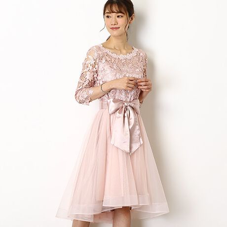 ケミカルレース＋チュール袖付きパーティドレス（結婚式/二次会/謝恩会 