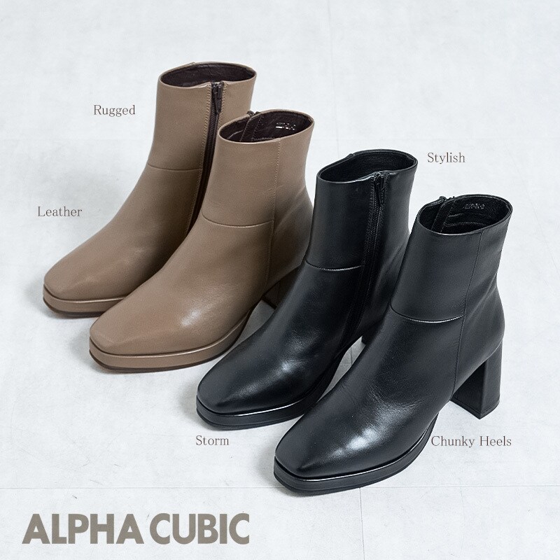 本革】ストーム付きチャンキーヒールショートブーツ | アルファ