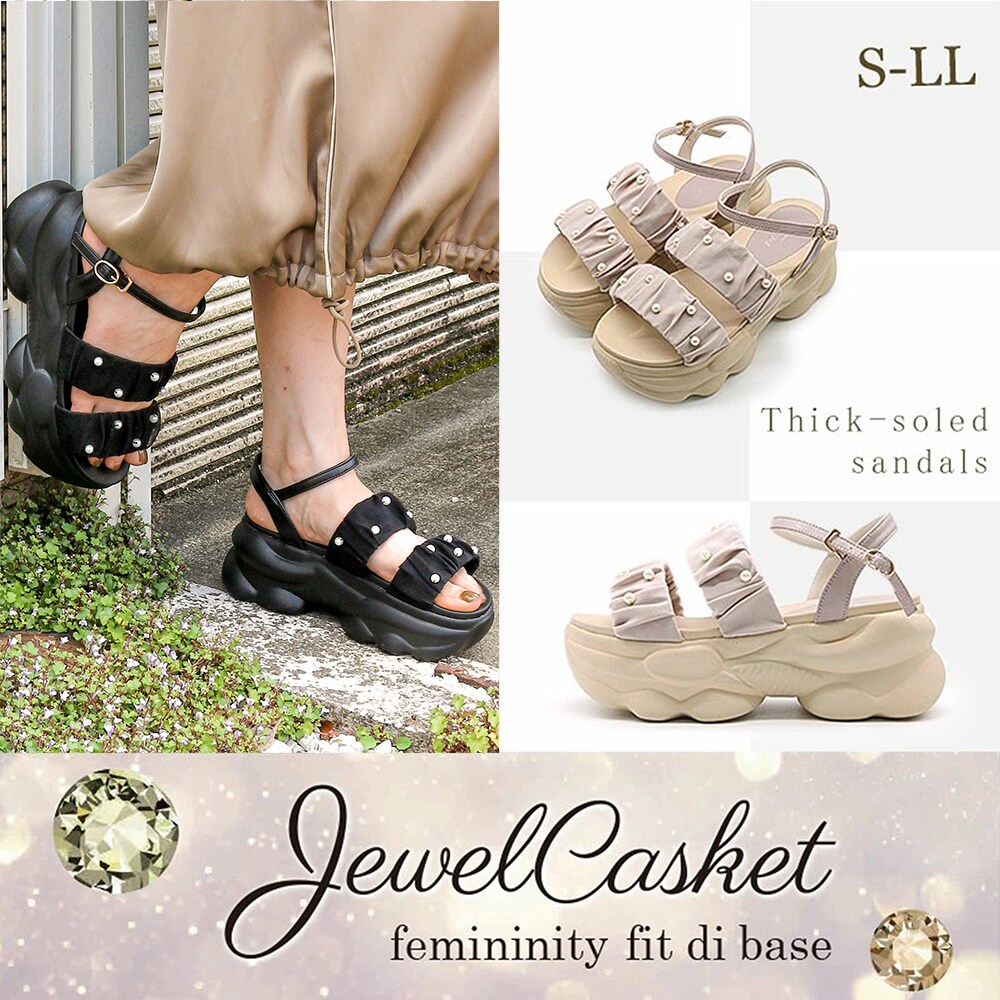 25春夏新作】Jewel casket パールギャザー 厚底サンダル | グリッター