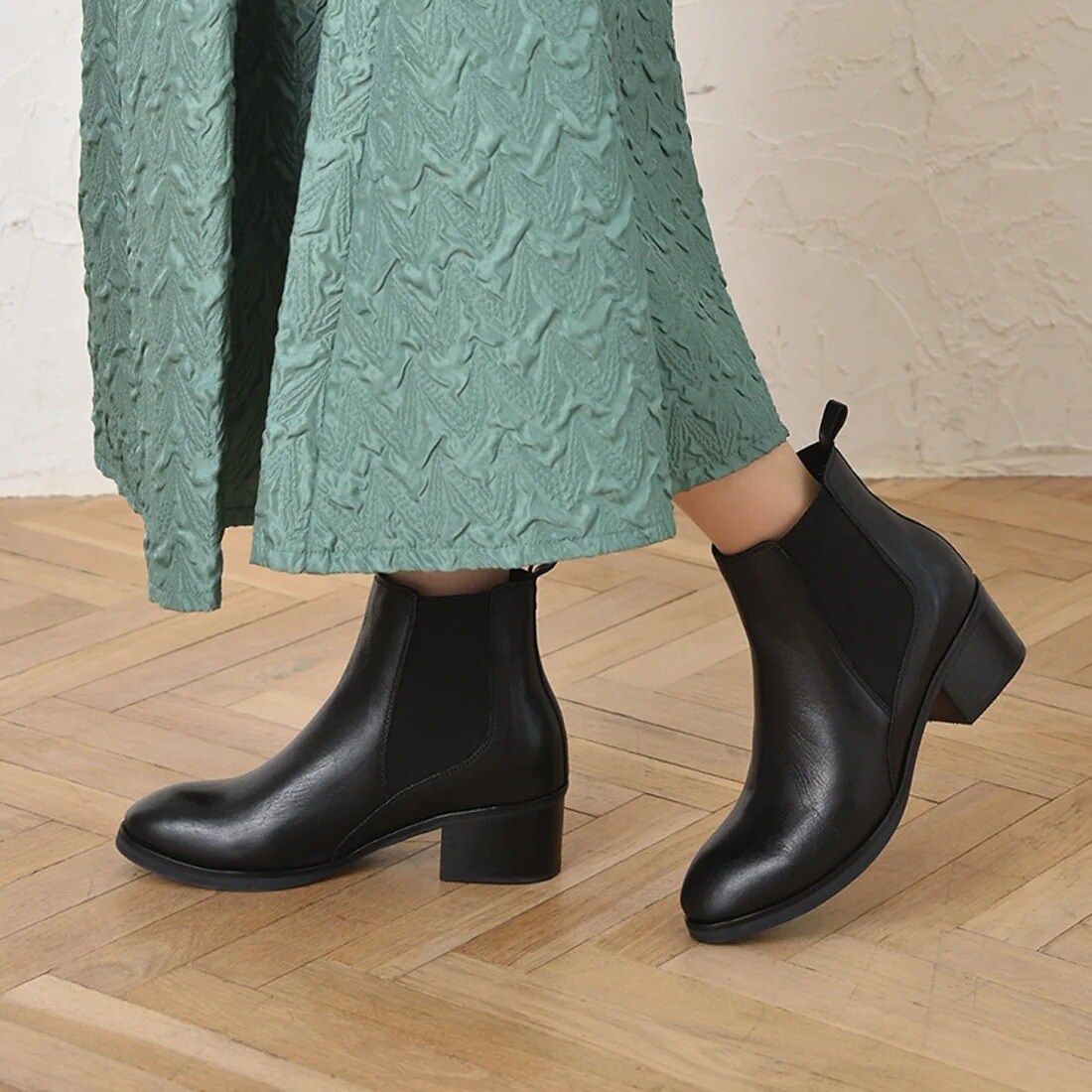 本革】ストーム付きチャンキーヒールショートブーツ | アルファ