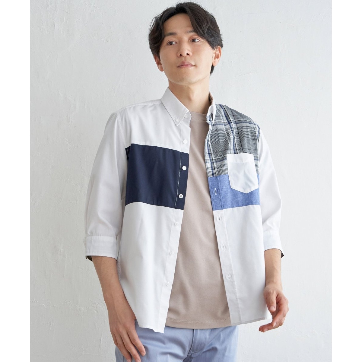 7分袖ブロックス切り替えシャツ