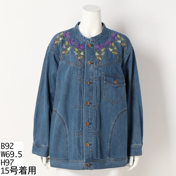 スーパーハッカフィーユノーカラーデニムジャケット花刺繍15号