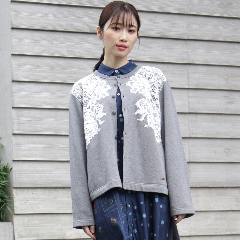 スーパーハッカフィーユ（super hakka feuille）/［15〜19号］ローズモチーフケミカルレース×裏毛カーディガン 15～19号］ローズモチーフケミカルレース×裏毛カーディガン | スーパー