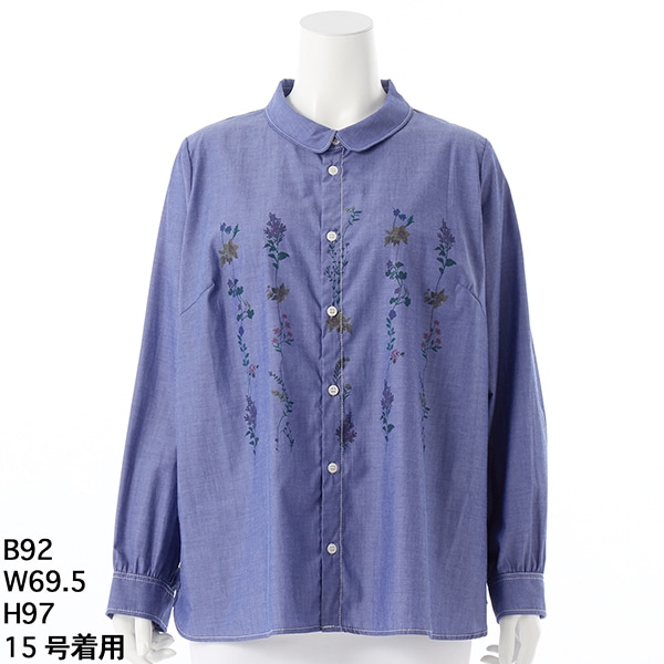 [15〜19号]綿麻ハンドワッシャー ローズスパーク刺繍×天竺シャツブラウス セール】綿麻ハンドワッシャー ローズスパーク刺繍×天竺シャツ
