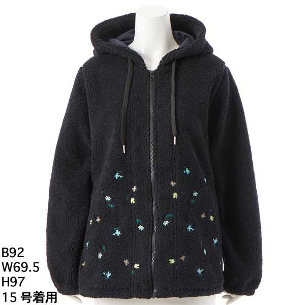 新品タグ付き　スーパーハッカ　フィーユ　刺繍　ブルゾン　15号　洗える 大きいサイズ][15号 19号 ]フラワーワンポイント刺繍シアー