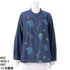 [15～19号]ライトオンスデニム ローズスケッチ刺繍スタンドカラーブラウス