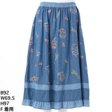 [15～19号]ライトオンスデニム ローズスケッチ刺繍スカート(裏地無し)