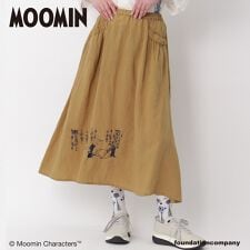 [大きいサイズ]セルロース麻ツイル｢ムーミン一家の朝｣刺繍ギャザースカート