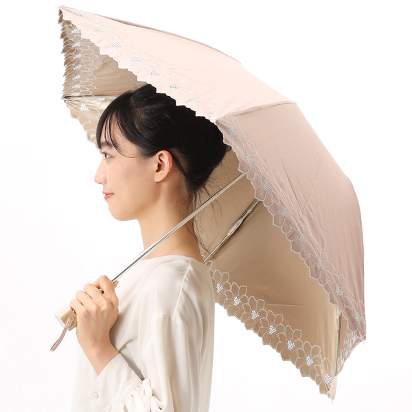 【BE】(L)カシュネ cache nez / グレースフラワー刺繍折りたたみ日傘 晴雨兼用 折りたたみ傘  レイン