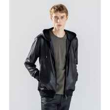 新素材【ストレッチ/光沢感】レザーライクジャージーコンビ　フーディー