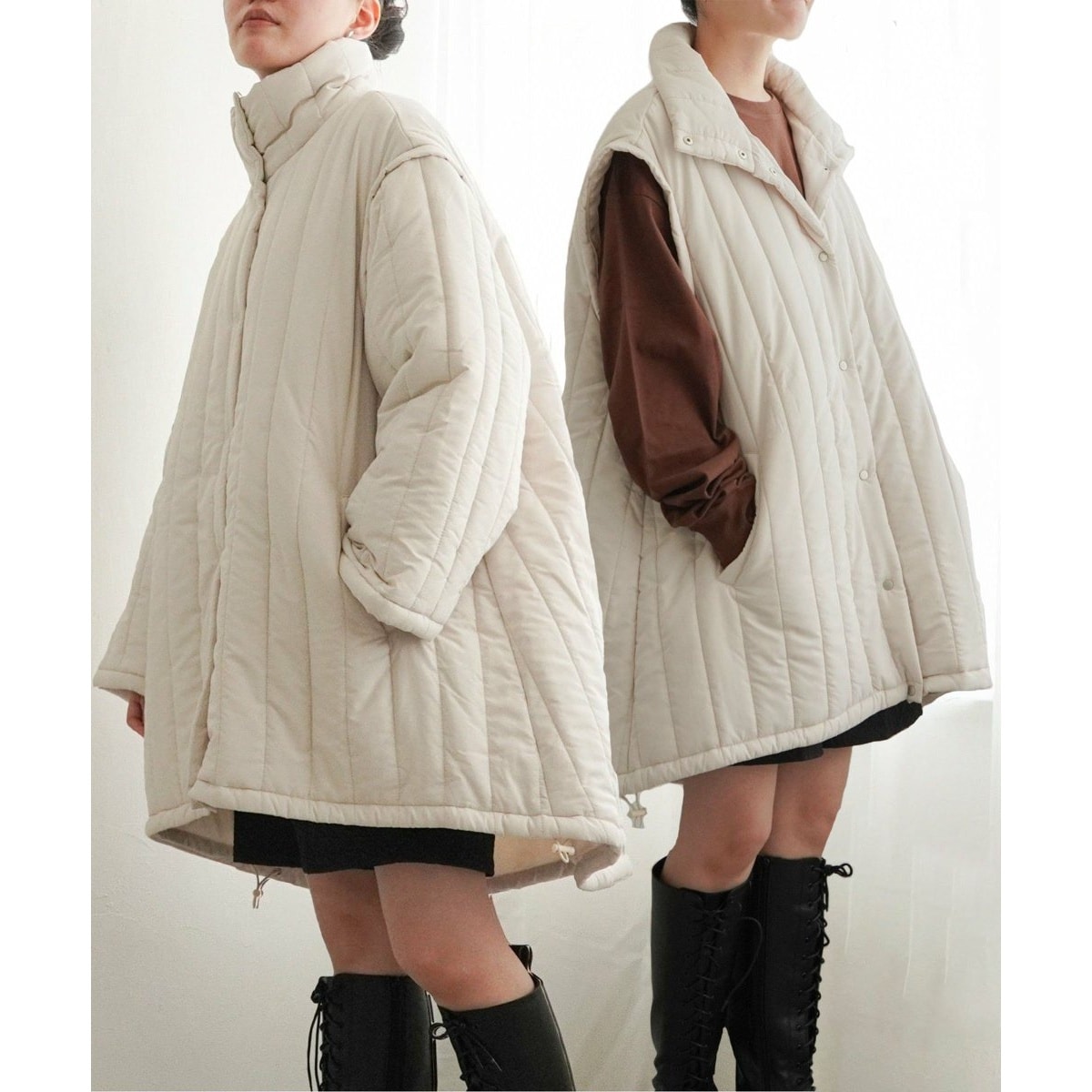 袖取り外し縦キルト中綿コート