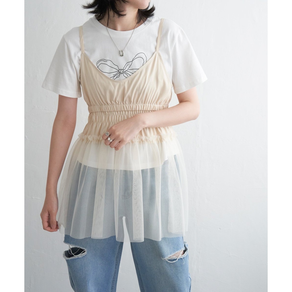 チュール切替キャミソール