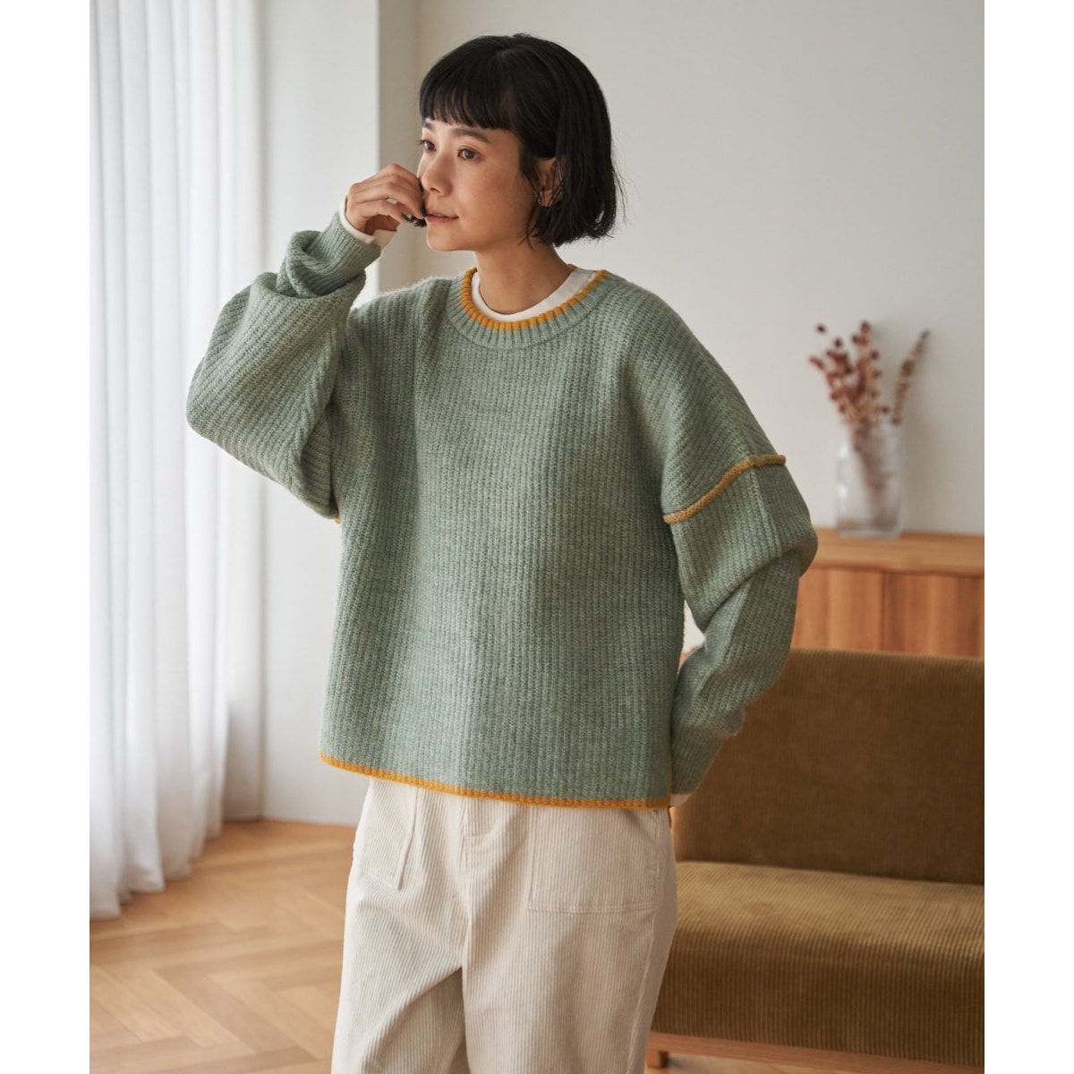 インフルエンサー着用】ステッチ配色畦ラインニットプルオーバー | LBC