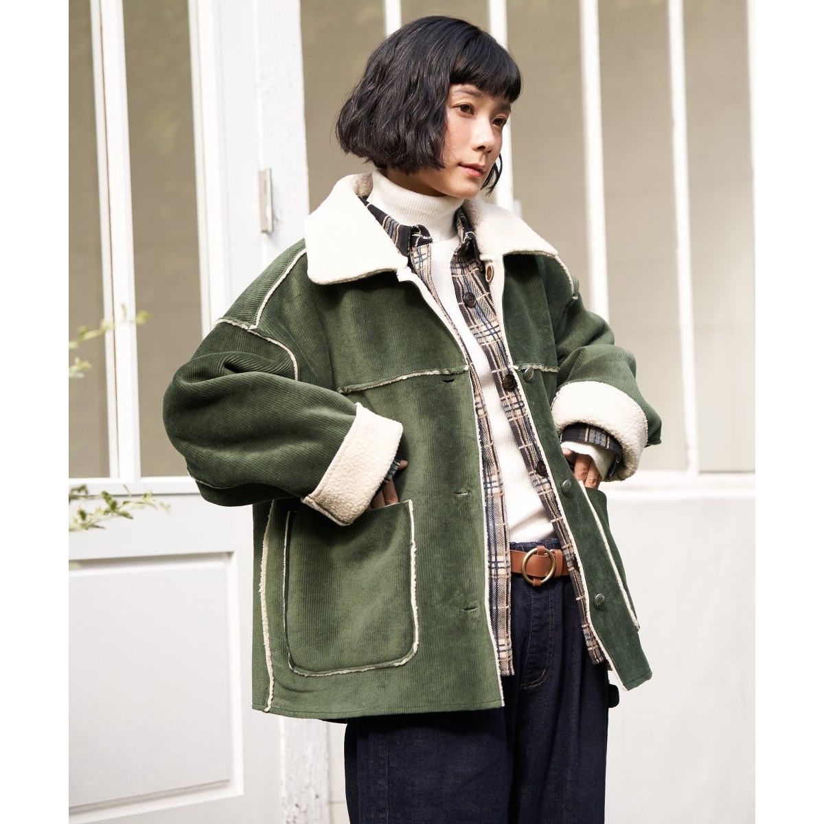 リバーシブル】ふわふわボアノーカラーブルゾン | バックヤード