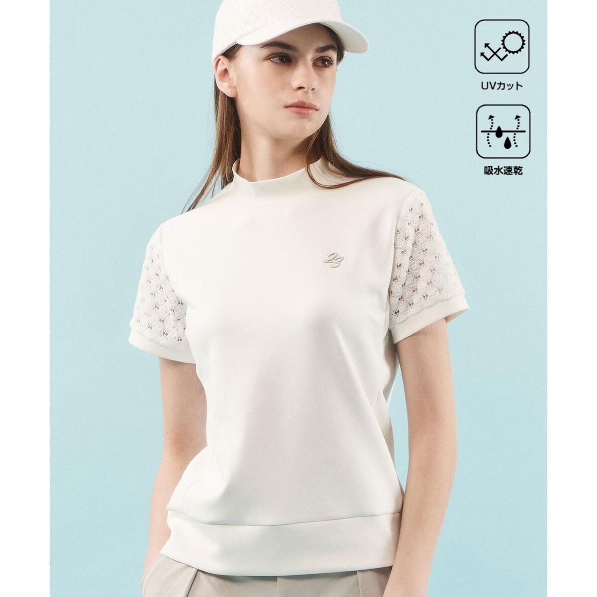 新品23区ゴルフ Mサイズ UVケア・吸水速乾 レース袖 モックネックシャツ WOMEN】【UVケア・吸水速乾】レース袖 モックネックシャツ | 23