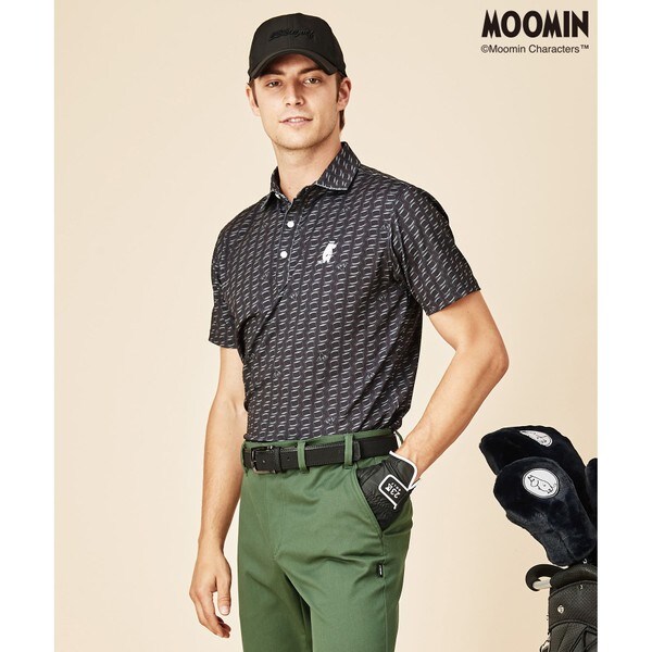 美品☆23区 ゴルフ ポロシャツ ムーミンコラボ 総柄 スポーツウェア 半袖 黒 MOOMIN】【MEN】ムーミンコラボ 総柄ポロシャツ | 23区