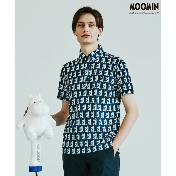 美品☆23区 ゴルフ ポロシャツ ムーミンコラボ 総柄 スポーツウェア 半袖 黒 MEN】【MOOMIN COLLECTION】ムーミン 半袖 総柄プリント シャツ
