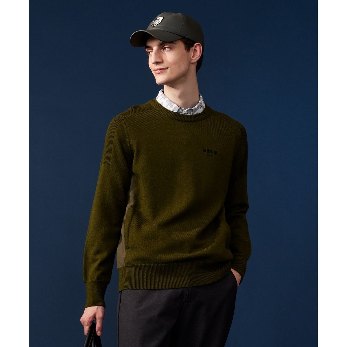 MEN】【ウォッシャブル】ロゴインターシャ ポリエステルニット
