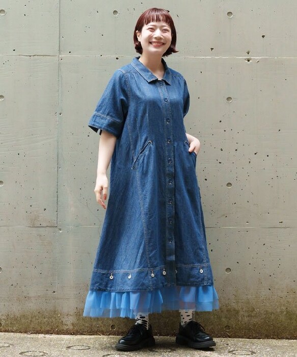 アズノゥアズオオラカ ピンタックデニムシャツワンピース 大きいサイズ