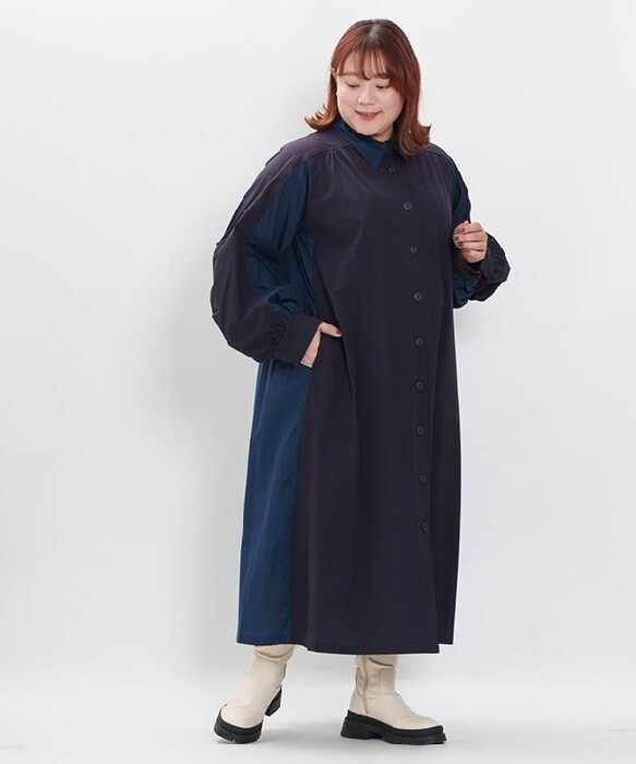 コットンツイルワンピース〈ドット刺繍入〉【グリーンノート】【大きい