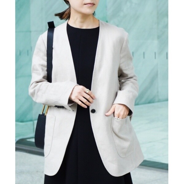 美品　サイズ40 スースースー　リネン　ジャケット　ブラック　ノーカラー セール】 【スーツ対応】BAHARIYE ノーカラージャケット （ノー