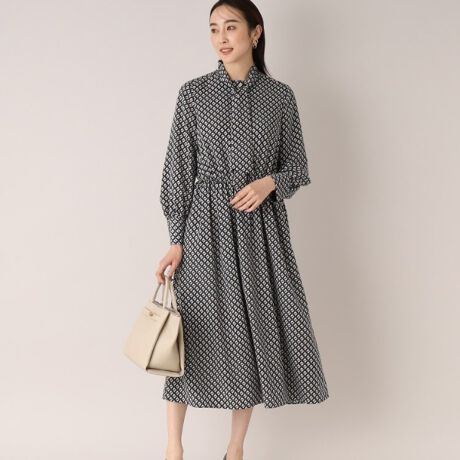 通勤きれいめ】ビンテージ風ジオメ柄 ボウタイワンピース | アン  
