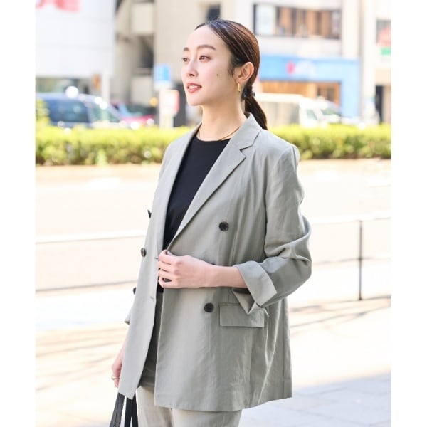 セットアップ可能／ストレッチ素材】リネン混Wブレストジャケット