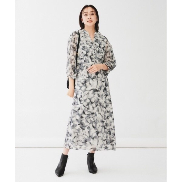ラメ同素材ブラウスあり】リーフプリント シフォンワンピース | アン