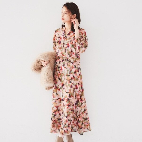 ラメ同素材ブラウスあり】リーフプリント シフォンワンピース | アン