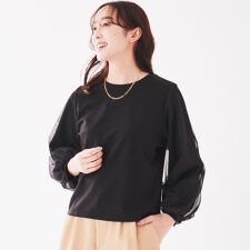 【洗えるすっきり丈きれいめ】ストレッチポンチ袖チュールカットソー