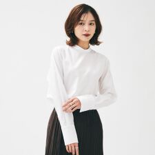 【重ね着レイヤードスーツブラウス】ファインブロードハイネックシャツ