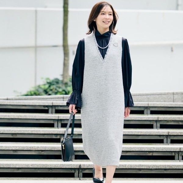 セットアップ可能前後Vネック】ミックスツイード ジャンパースカート