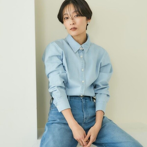 26SS✨美品✨UNTITLED ライトウェイトデニムブラウス　ウォッシャブル セットアップ可ボウタイ】ライトウェイトデニムブラウス | アン
